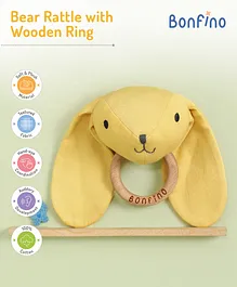 Bonfino Bear Rattle With Wooden Ring - Yellow