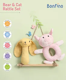Bonfino Bear & Cat Rattles Pack Of 2 - Yellow Pink