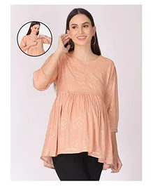 The Mom Store Three Fourth Sleeves Seamless Foil Printed Frill Detailed Flare Maternity & Nursing Kurta - Peach