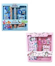 New Pinch Sea Animal  & Unicorn Theme 12 in 1 Pencils and Eraser Stationery Kit Pack Of 2 - Blue Pink
