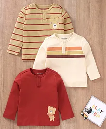 Babyoye Cotton Knit Full Sleeves T-Shirts Stripes and Teddy Bear Embroidery Pack of 3 - Multicolour