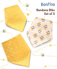 Bonfino Premium 100% Organic Cotton Bandana Bibs Honey Bee Print Set Of 3 - Yellow