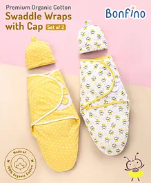 Bonfino Premium Organic Cotton Swaddle Wraps with Cap Honey Bee Print Set of 2 - Yellow