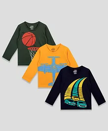 The Sandbox Clothing Co Pack Of 3 Full Sleeves Aeroplane Basketball & Cars Printed Tees - Navy Blue Mustard Yellow  & Olive Green