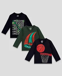 The Sandbox Clothing Co Pack Of 3 Full Sleeves Basketball Awesome & Cars Printed Tees - Black & Olive Green