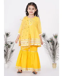 Little Bansi Three Fourth Sleeves Jaipuri Lacework And Gotta Patti Work Kurta With Sharara And Dupatta - Yellow