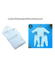 Tiny Tycoonz Combo of Woollen 5 Pcs Suit and Baby Hooded Wrapper - Blue