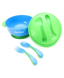 1st Step Feeding Bowl With Fork And Spoon - Green And Blue