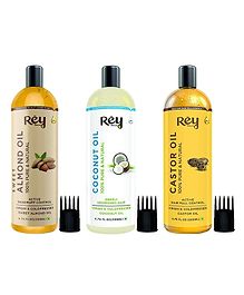 Rey Naturals Cold Pressed Castor Oil Coconut Oil & Sweet Almond Oil Set- 200 ml each