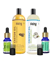 Rey Naturals Castor Coconut Rosemary and Tea Tree Oils Pack of 4 - 430 ml