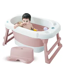 Babyhop Foldable Baby Deep Bath Tub Temperature Sensor Drain Plug Anti Skid Ideal For Newborns Infants Toddler Boy Girl- Pink