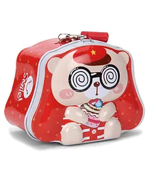 Teddy Printed Coin Bank With Lock And Key - Red