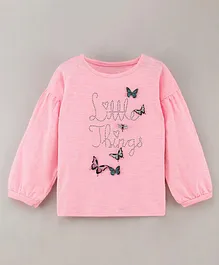 Under Fourteen Only Full Sleeves Drop Shoulder Bell Sleeves Little Things Text & Butterfly Applique Detailed Top - Pink