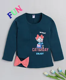 Nottie Planet Full Sleeves Caturday Enjoy Cat Printed With Bow Applique Tee - Blue