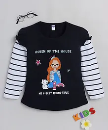 Nottie Planet Full Striped Sleeves Queen Of The House Girl With Cat Printed Tee - Navy Blue