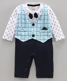 Jo&Bo Full Sleeves Checked Jacket Style Party Romper With Bow  Applique - Blue