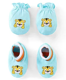 Babyhug 100% Cotton Mittens & Booties Tiger Print - Blue