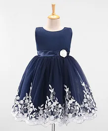 Bluebell Sleeveless Net Embroidered Party Dress with Flower Corsage Applique - Blue