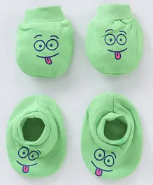 Simply Cotton Knit Interlock Mittens and Booties Set Funny Face Print - Green