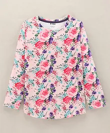 Fido Cotton Knit Full Sleeves Rose Print Top - Off White Pink