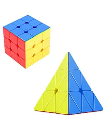 New Pinch Combo Set of 3X3 & Pyraminx High-Speed Stickerless Magic Cube Puzzle - Multicolor