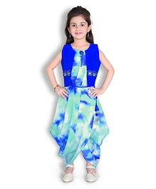 Joy-n-Jolly Sleeveless Bead Embellished Attached Jacket With Tie & Dye Dhoti Style Middi Dress - Blue