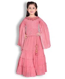 Joy-n-Jolly Long Cape Sleeves Flower Applique Detailed Neckline With Mirror Work Embellished  Bodice & Ruffled Flared Skirt - Pink