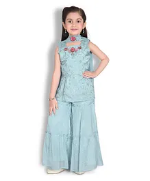 Joy-n-Jolly Sleeveless Floral Sequin & Bead Embellished Peplum Top With Coordinating Ruffle Detailed Sharara & Dupatta - Sky Blue