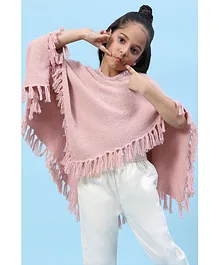 BIBA Wool Half Cape Sleeves Sequin Embellished Neckline & Tassel Detailed Poncho Top - Pink