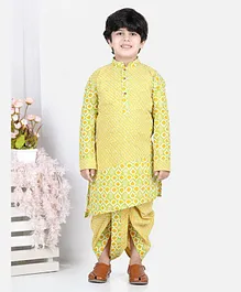 Kinder Kids Full Sleeves Seamless Leheriya Designed Assymetrical Kurta With Coordinating Jaipuri Flower Petal Motif Printed Dhoti - Yellow