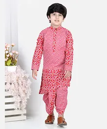 Kinder Kids Full Sleeves Seamless Leheriya Designed Assymetrical Kurta With Coordinating Jaipuri Flower Petal Motif Printed Dhoti - Red