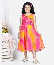 Kinder Kids Sleeveless Flower Embroidered Half Attached Jacket With All Over Flower Printed Flared Dress - Pink