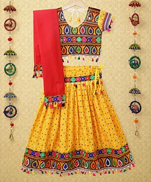 Banjara India Navratri Exclusive Short Sleeves Kutchi Embroidered Choli And Lehenga With Dupatta - Yellow