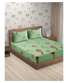 Hosta Homes Gsm Glaced Cotton Cartoon Printed Double Bed Sheet With 2 Pillow Covers - Green