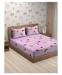 Hosta Homes Gsm Glaced Cotton Cartoon Printed Double Bed Sheet With 2 Pillow Covers - Pink