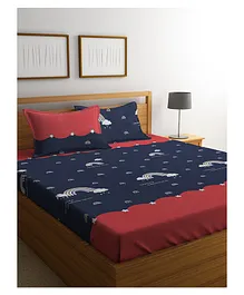 Hosta Homes GSM Glaced Cotton Cartoon Printed Double Bed Sheet With 2 Pillow Covers - Navy and Red