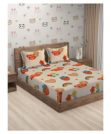 Hosta Homes 280 GSM  Glaced Cotton Cartoon Printed Double Bed Sheet With 2 Pillow Covers - Beige