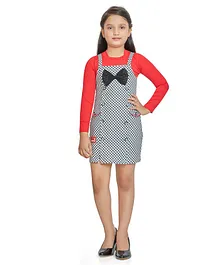 Peppermint Full Sleeves Solid Top With Gingham Checkered Bow Applique Dungaree Set - Red