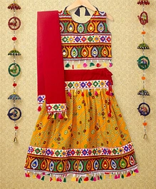 Banjara India Navratri Theme Sleeveless Kutchi Embroidered Choli & Bandhani Lehenga With Dupatta - Yellow & Multi Color