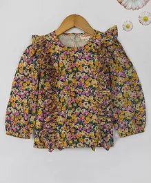 Hugsntugs Full Sleeves Frill Detail Floral Print Top - Yellow Pink