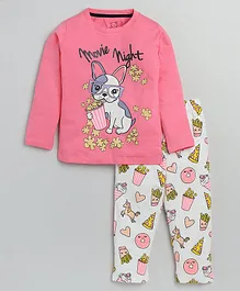 Little Marine Full Sleeves Popcorn Movie Night & Pug Dog Printed Night Suit - Pink
