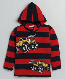 Little Marine Full Sleeves Striped And Vehicle Print Hooded T Shirt - Red