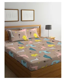 Klotthe Kids King Size Double Bed Sheet With 2 Pillow Covers Dinosaur Print - Brown