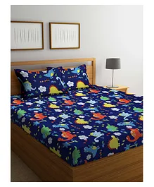 Klotthe Kids King Size Double Bed Sheet With 2 Pillow Covers Dinosaur Print - Blue