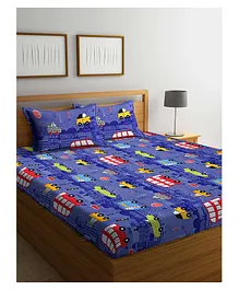 Klotthe Kids King Size Double Bed Sheet With 2 Pillow Covers Car Print - Blue