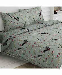 Haus & Kinder 100% Cotton Double Bedsheet King Size With 2 Pillow Covers Floral Print - Grey