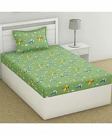 Haus & Kinder 100% Cotton Single Bedsheet With Pillow Cover Aeroplane Print  - Green