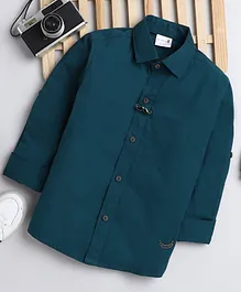 BAATCHEET Full Sleeves Solid Shirt With Moustache Brooch - Teal Blue