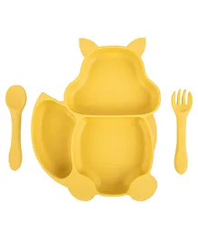 Taabartoli Silicone Squirrel Plate With Suction Spoon And Fork Set  - Yellow