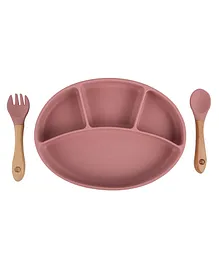 Taabartoli Silicone Plate With Suction Bamboo Spoon and Fork Set - Pink